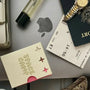 Moisturizing lip balm packed with travel essentials like a passport, perfume, and camera on top of a MacBook
