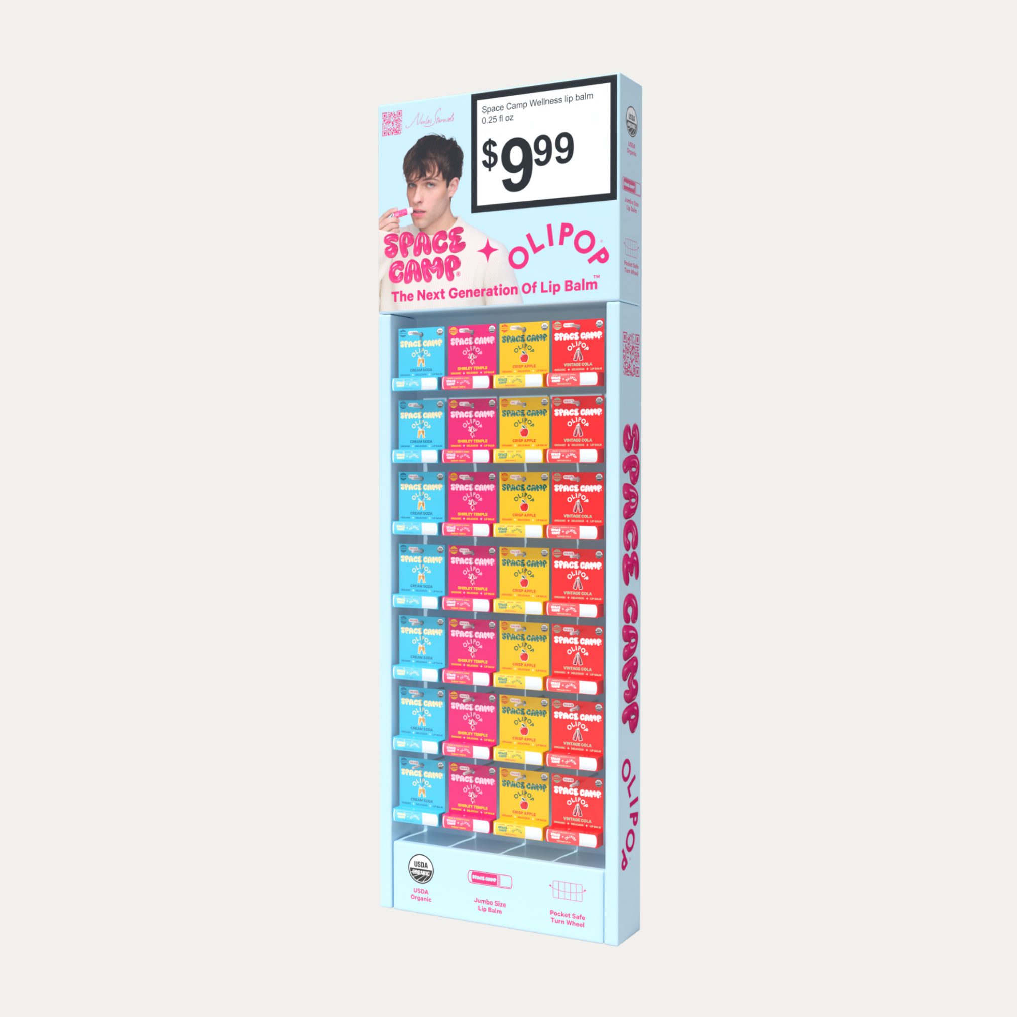 Space Camp x Olipop lip balm retail display stocked with soda-flavored organic balms.