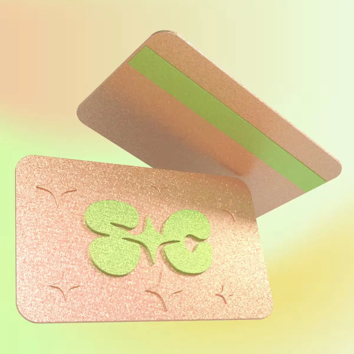 Glittery pink and green card case with a bold "Space Camp" logo, displayed on a soft gradient background