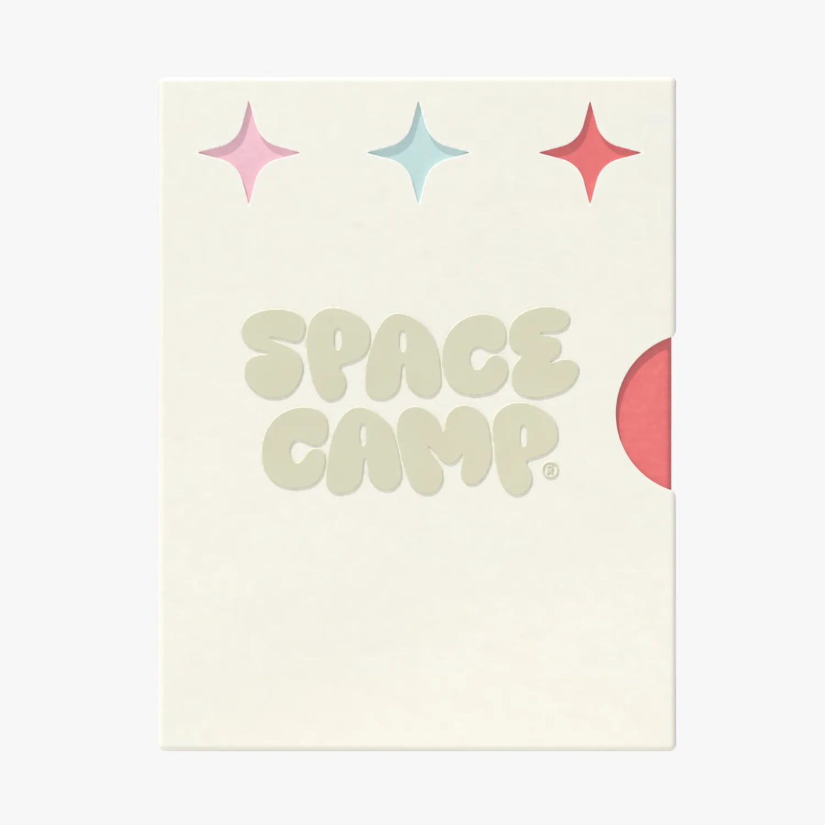 A Space Camp branded card with sparkle graphics and a red lip balm tube peeking from behind.