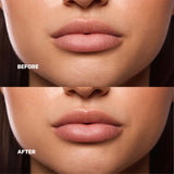 Before and after close-up of lips showing the moisturizing results of Space Camp Frosted Mint Lip Balm.