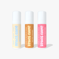 Three Space Camp flavored chapstick tubes — Birthday Cake, Salted Caramel, and Strawberry Frosting — on a white background.