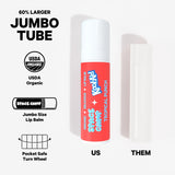 Kool-Aid Tropical Punch jumbo lip balm compared to a smaller standard tube, with USDA Organic and pocket-safe features.