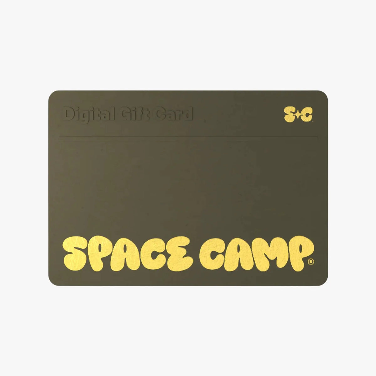 Space Camp Wellness digital gift card in olive with gold bubble-style branding.