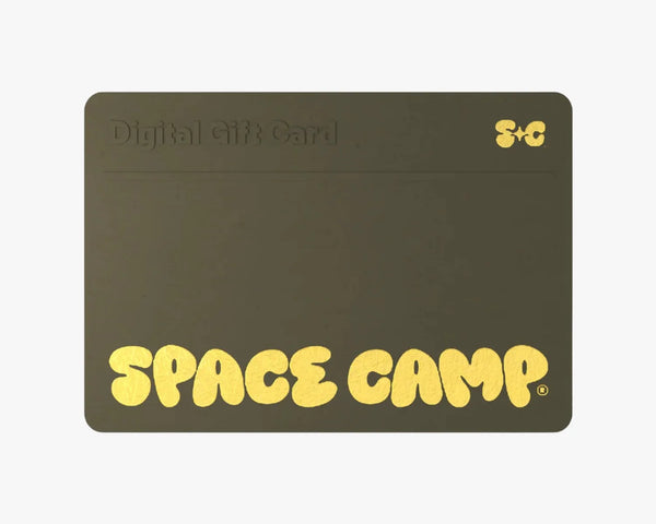 Space Camp Wellness digital gift card in olive with gold bubble-style branding.