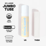 Infographic comparing Space Camp Birthday Cake jumbo chapstick, 60% larger than a standard tube, with USDA organic and pocket-safe turn wheel features.
