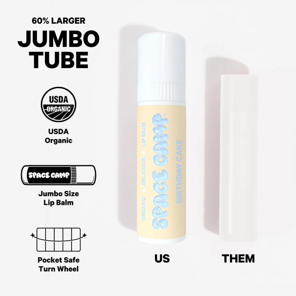 Infographic comparing Space Camp Birthday Cake jumbo chapstick, 60% larger than a standard tube, with USDA organic and pocket-safe turn wheel features.