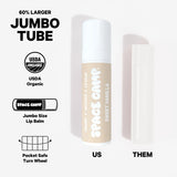 Infographic comparing Space Camp Sweet Vanilla jumbo lip balm, 60% larger than standard tubes, with USDA organic and pocket-safe turn wheel features.