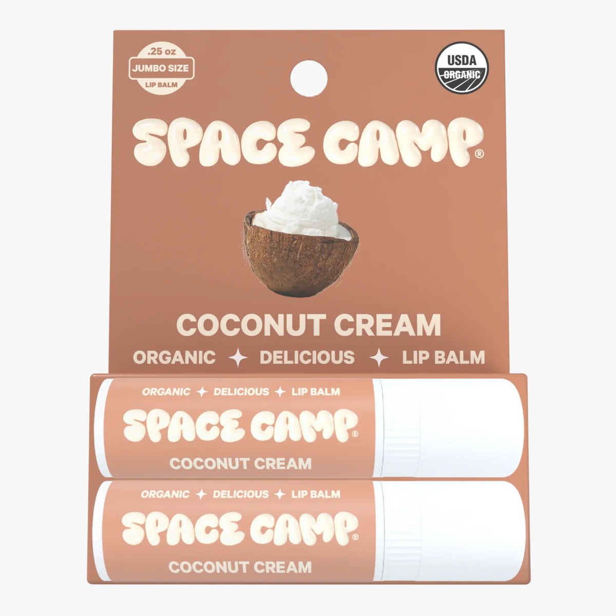 Space Camp Coconut Cream organic lip balm jumbo size packaging with two tubes on a white background.