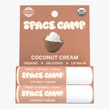 Space Camp Coconut Cream organic lip balm jumbo size packaging with two tubes on a white background.