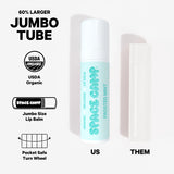 Space Camp Frosted Mint Lip Balm jumbo tube size comparison showing its 60% larger USDA Organic format versus a standard lip balm.