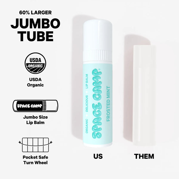 Space Camp Frosted Mint Lip Balm jumbo tube size comparison showing its 60% larger USDA Organic format versus a standard lip balm.