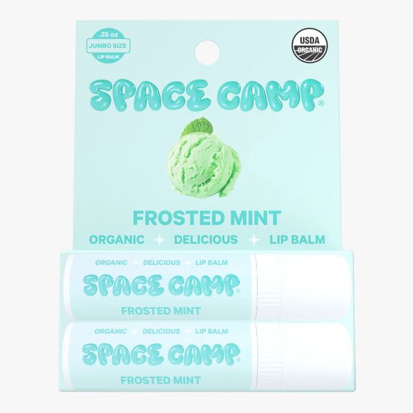 Space Camp Frosted Mint organic lip balm packaging with mint ice cream graphic, USDA Organic seal, and two jumbo-size tubes.