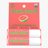 Space Camp Juicy Watermelon lip balm jumbo size packaging with two tubes and a watermelon illustration.