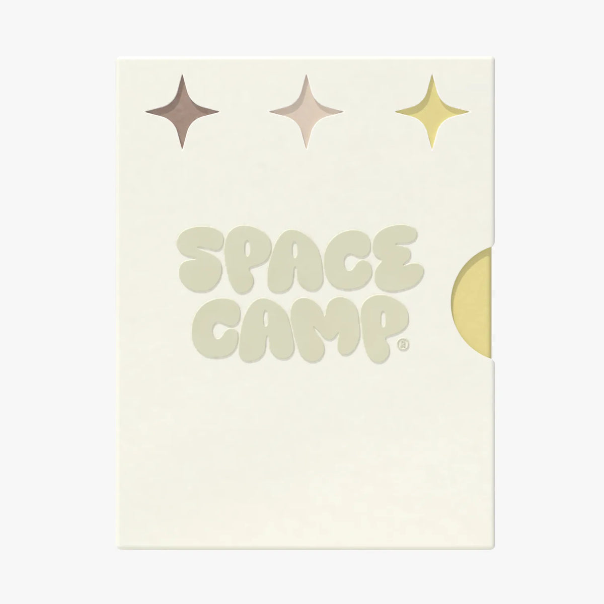 Space Camp Pool Club Pack branded insert card with retro logo and decorative stars in brown, pink, and gold on a cream background.