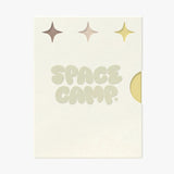 Space Camp Pool Club Pack branded insert card with retro logo and decorative stars in brown, pink, and gold on a cream background.