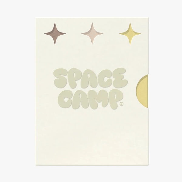 Space Camp Pool Club Pack branded insert card with retro logo and decorative stars in brown, pink, and gold on a cream background.