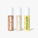 Space Camp Pool Club Pack featuring three organic lip balm tubes in Coconut Cream, Sweet Vanilla, and Tropical Pineapple flavors.