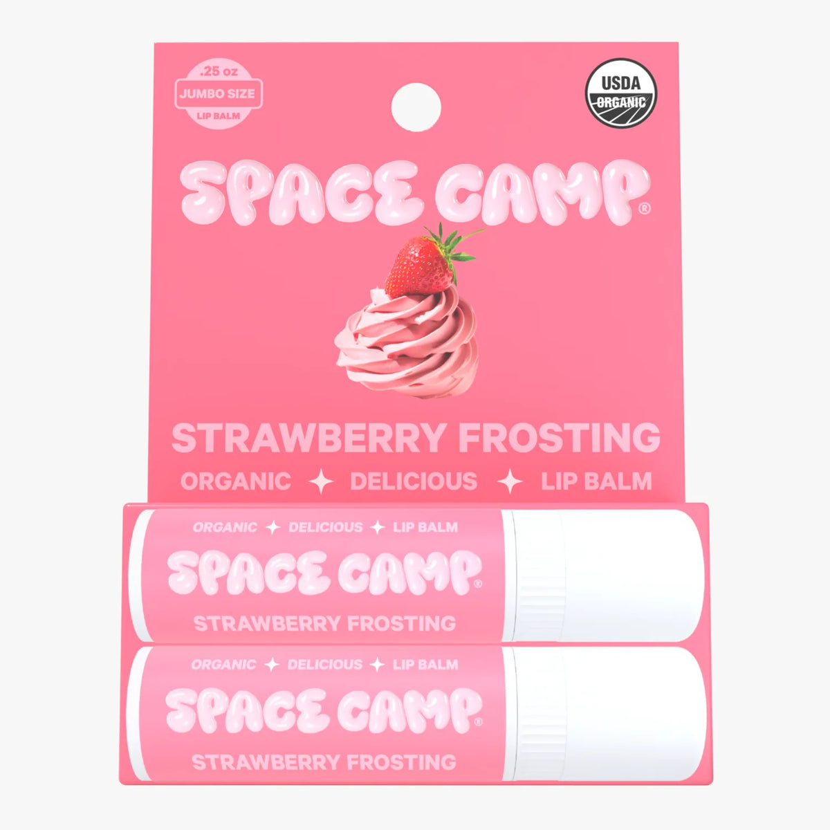 Space Camp Strawberry Frosting hydrating lip balm jumbo size packaging with two tubes and a strawberry-topped frosting illustration.