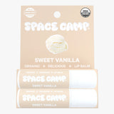 Space Camp Sweet Vanilla flavored lip balm jumbo size packaging with two tubes on a beige backdrop.