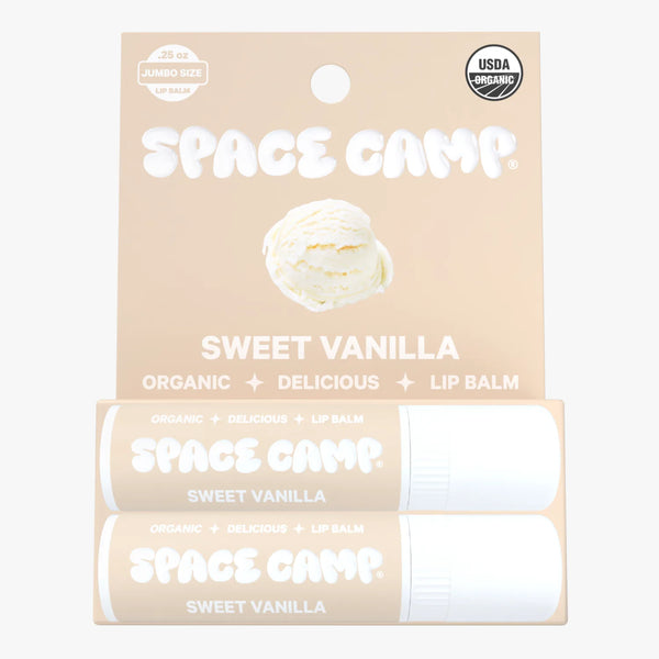 Space Camp Sweet Vanilla flavored lip balm jumbo size packaging with two tubes on a beige backdrop.