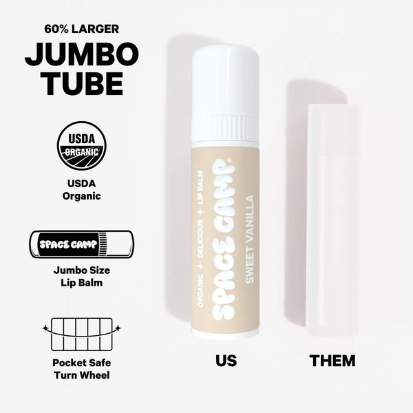 Space Camp Sweet Vanilla Lip Balm jumbo tube size comparison showing its 60% larger USDA Organic format versus a standard lip balm.