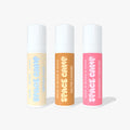 Three Space Camp flavored chapstick tubes — Birthday Cake, Salted Caramel, and Strawberry Frosting — on a white background.