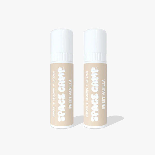 Two Space Camp Sweet Vanilla organic lip balm tubes standing side by side on a white background.
